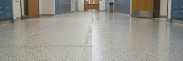Clean school hallway with polished terrazzo flooring and lockers along the walls.
