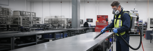 Large commercial basement flooded with standing water across the concrete floor and support columns