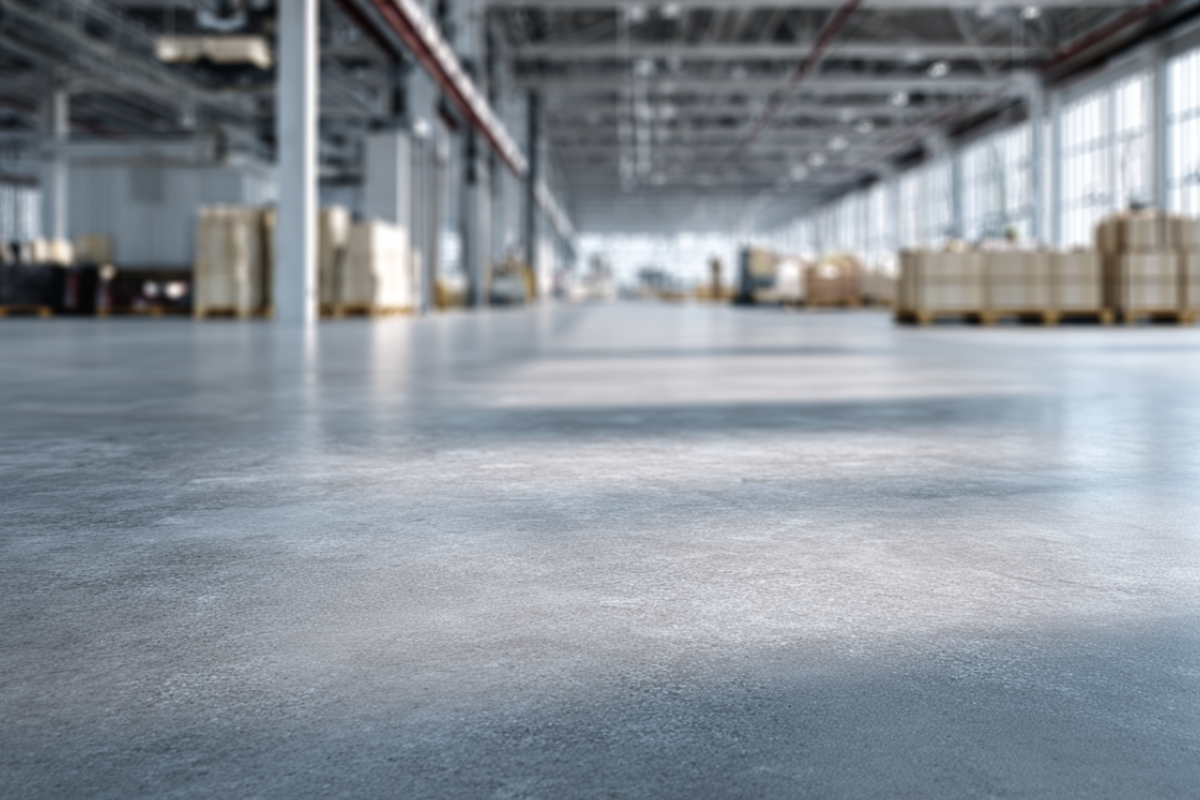 Wide industrial warehouse interior with smooth concrete floor and storage pallets in the background