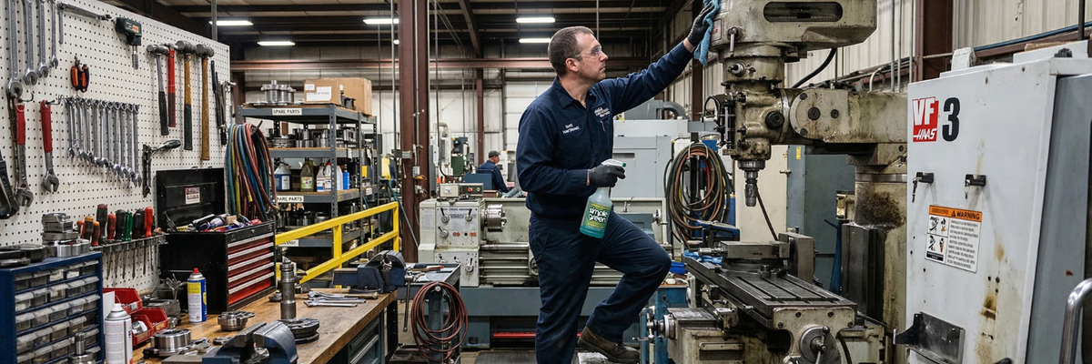 Maintenance technician cleaning industrial milling machine with spray bottle in a manufacturing workshop filled with tools and equipment
