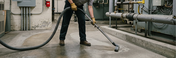 Maintenance technician cleaning industrial milling machine with spray bottle in a manufacturing workshop filled with tools and equipment