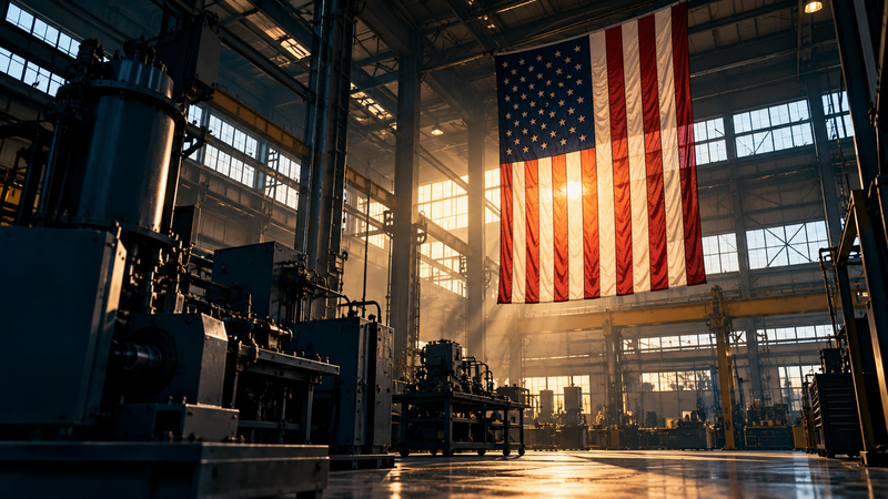 American flag hanging in a large industrial manufacturing facility — Mastercraft USA