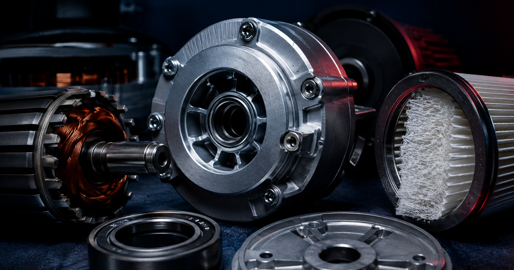 Commercial vacuum motor housing, copper windings, and HEPA filter media — the materials that define commercial-grade build quality
