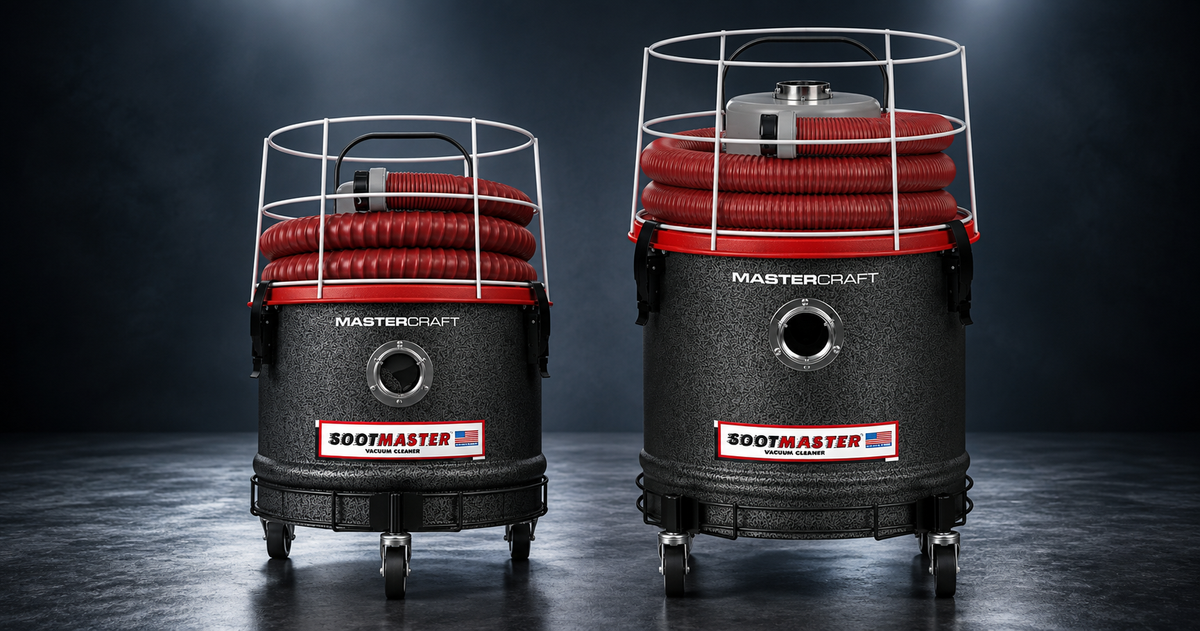 Mastercraft® Sootmaster® 641M and 652M industrial soot vacuums side by side — made in Newburgh, NY, USA