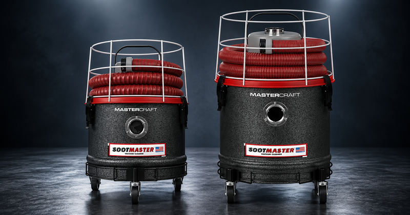 Mastercraft® Sootmaster® 641M and 652M industrial soot vacuums side by side — made in Newburgh, NY, USA