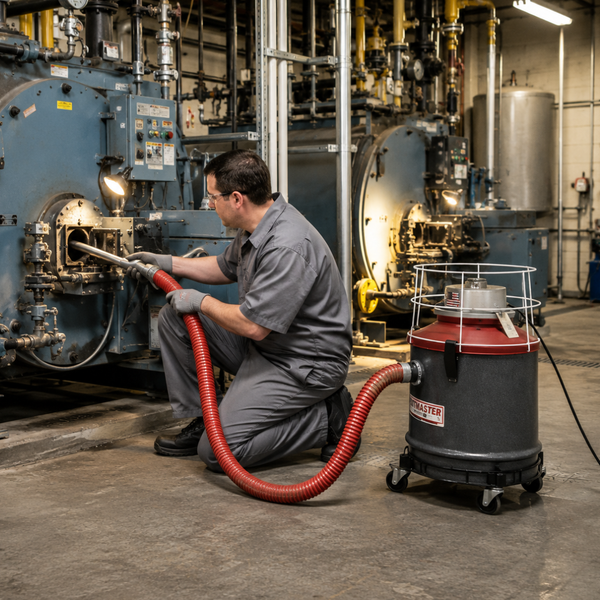 HVAC technician inspecting a commercial boiler before heating season