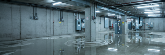 Flooded mechanical room with standing water around electrical panels and concrete columns.