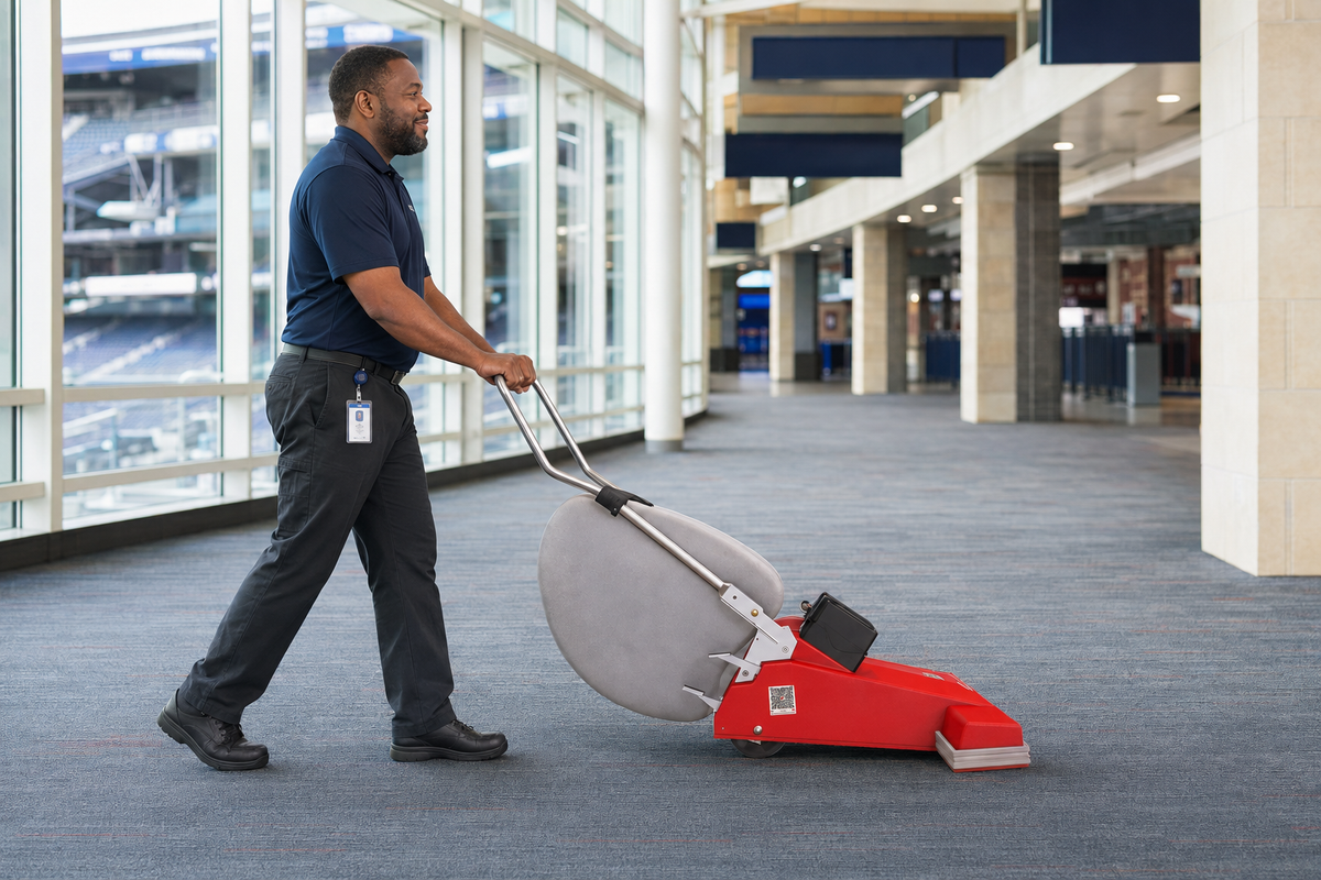 Wide area vacuum being operated in a large commercial facility — battery vs corded commercial vacuum comparison