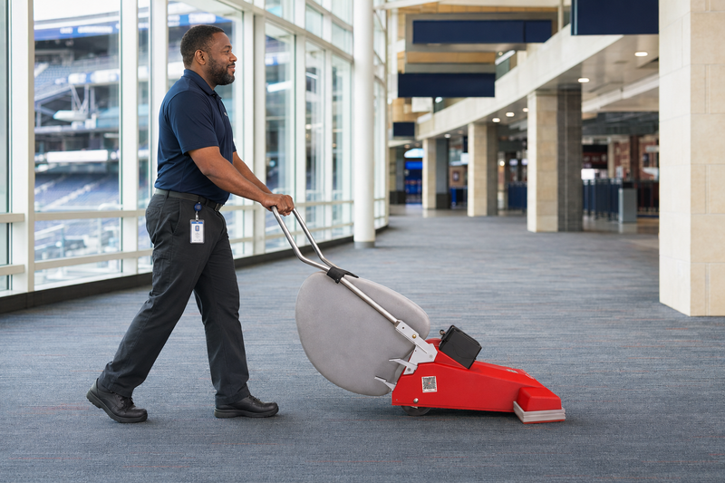 Wide area vacuum being operated in a large commercial facility — battery vs corded commercial vacuum comparison