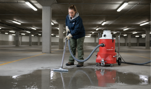 Pump-out vacuum extracting flood water in parking garage