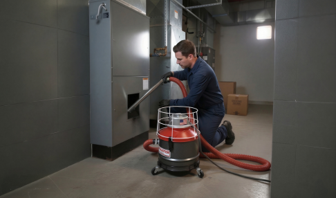 Sootmaster vacuum cleaning a furnace