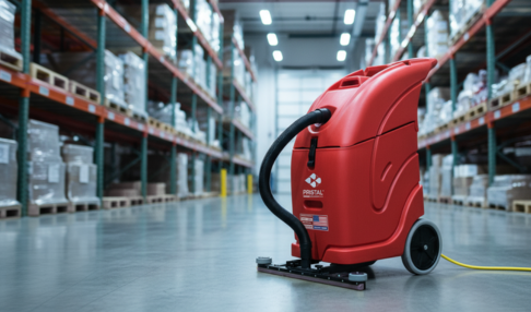 Industrial vacuum in a warehouse aisle