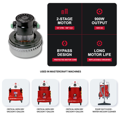 Mastercraft® Replacement Motor for Critical HEPA 5G, 7G & 9G Vacuums and Pump Out Vacuum — 2-Stage Bypass, 900W, 120V AC - MastercraftUSA