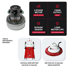 Mastercraft® Replacement Motor for Critical HEPA Wet/Dry 15G Vacuum & 55G Drum Adapter — 2-Stage Bypass, 1300W, 120V AC - MastercraftUSA