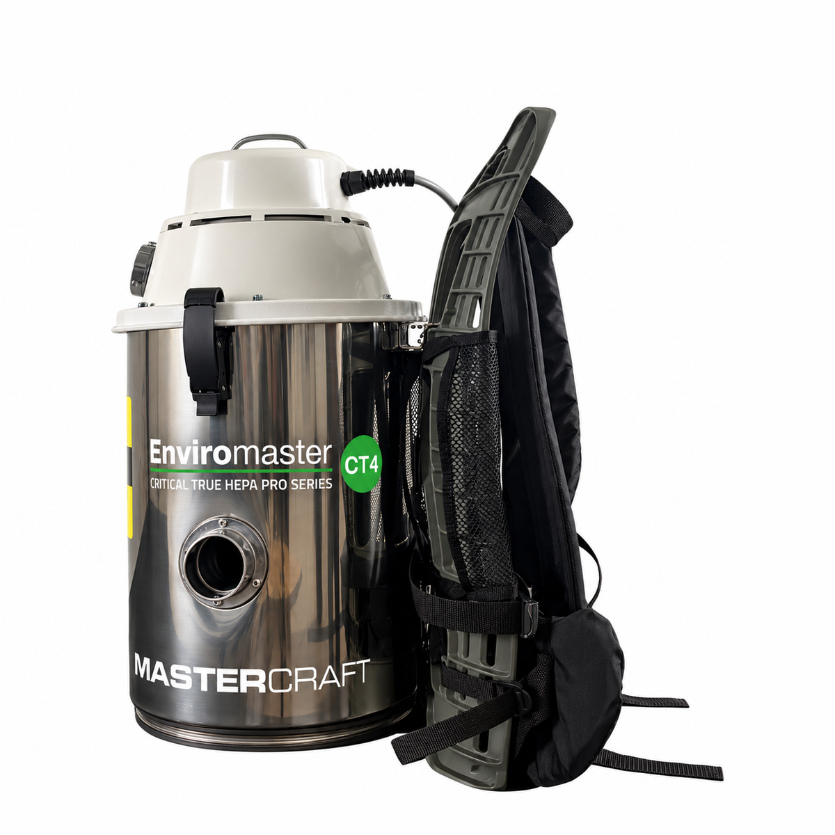 Enviromaster CT4 electric HEPA backpack vacuum, 4 gallon stainless steel tank with padded harness, side view