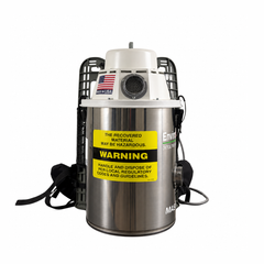 Enviromaster CT4 electric HEPA backpack vacuum front view with Made in USA label and exhaust